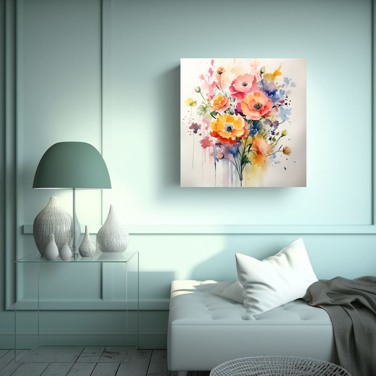 GENERICO - Lienzo Decorativo Elegancia Con Flores Acuarela 90x90 Cm