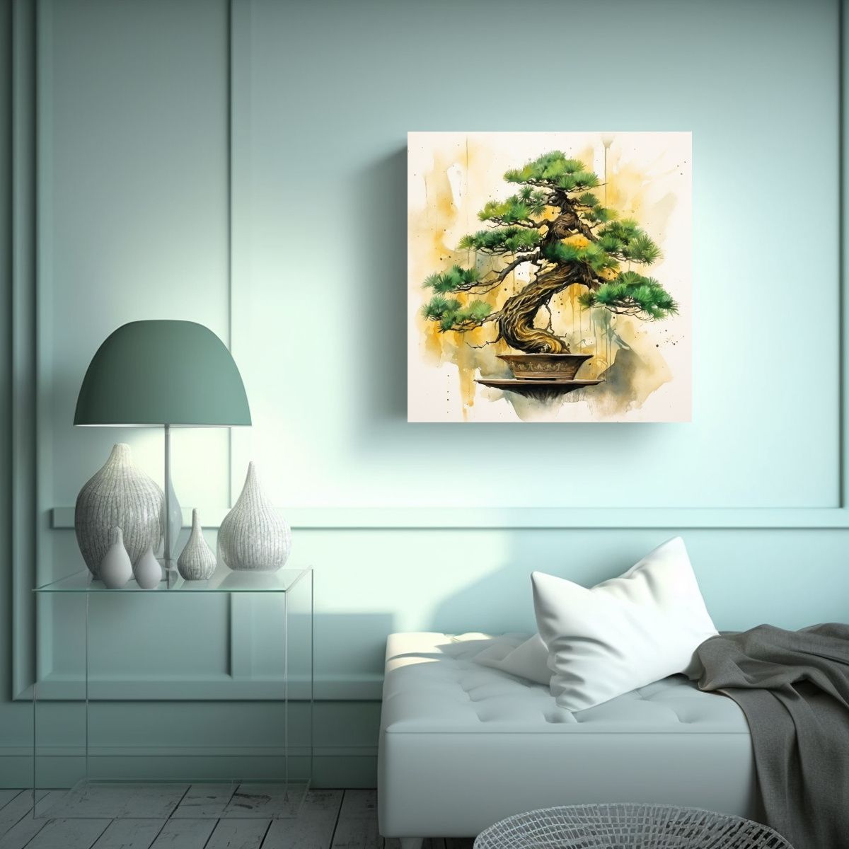 GENERICO - Cuadro Abstracto Bonsái De Pino En Colores Verde 90x90 Cm.