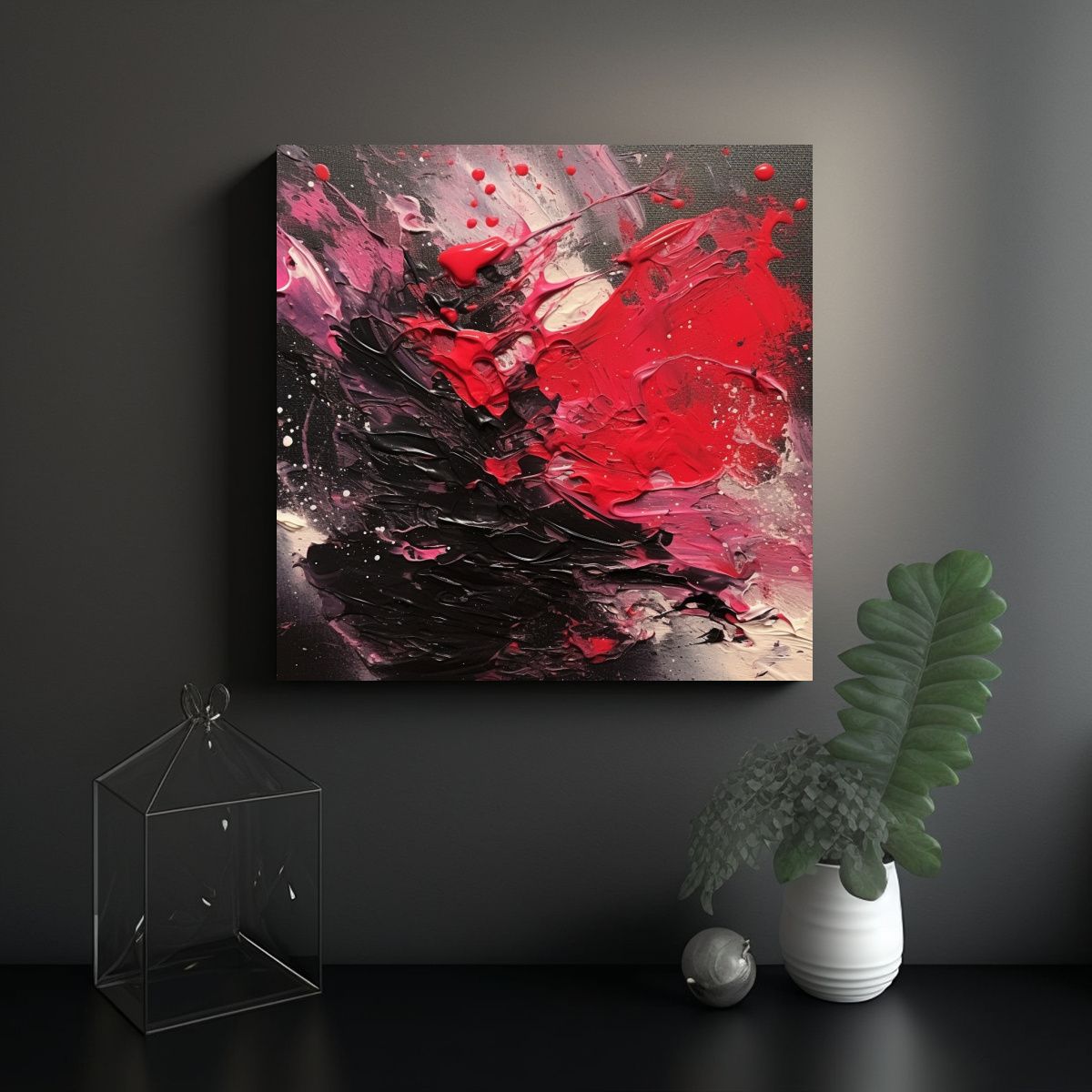 GENERICO - Pintura Abstracta En Negro Y Rojo Con Bayas 80x80 Cm