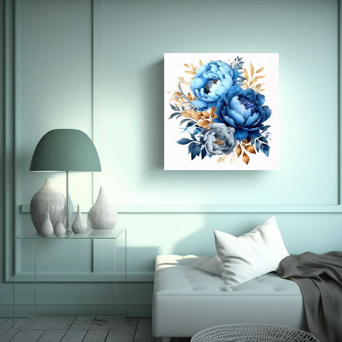 GENERICO - Bouquet De Peonías Azul Real En Lienzo De 80x80 Cm