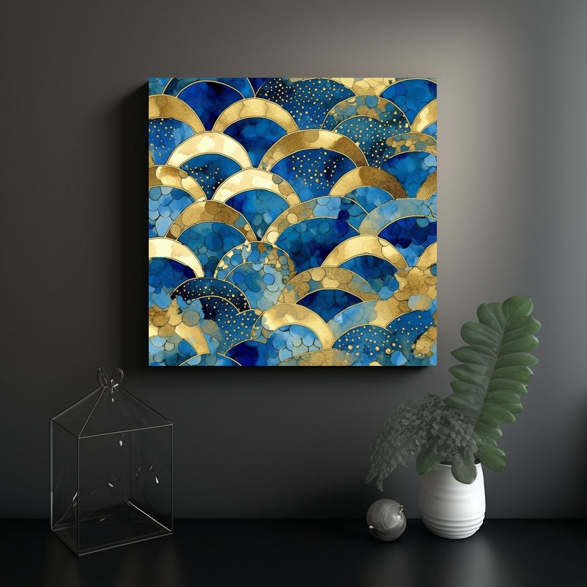 GENERICO - Patrón Azul Alcohol Tinta Ola Marítima Lienzo 90x90 Cm