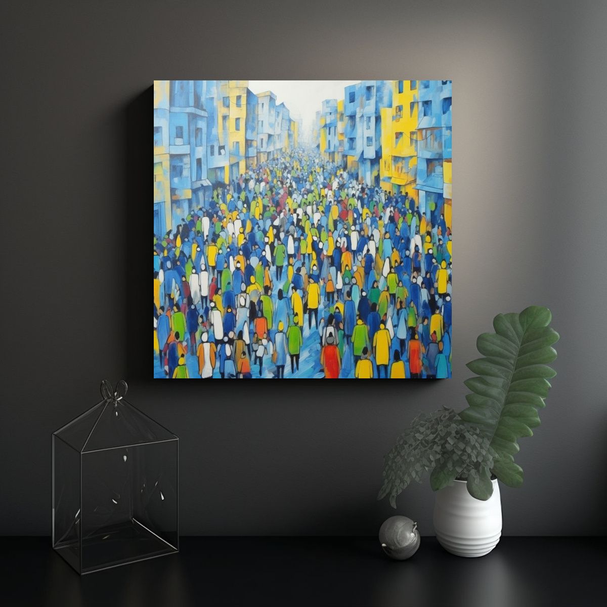 GENERICO - Pintura Lienzo Abstracta Ciudad Personas Colores 90x90 Cm