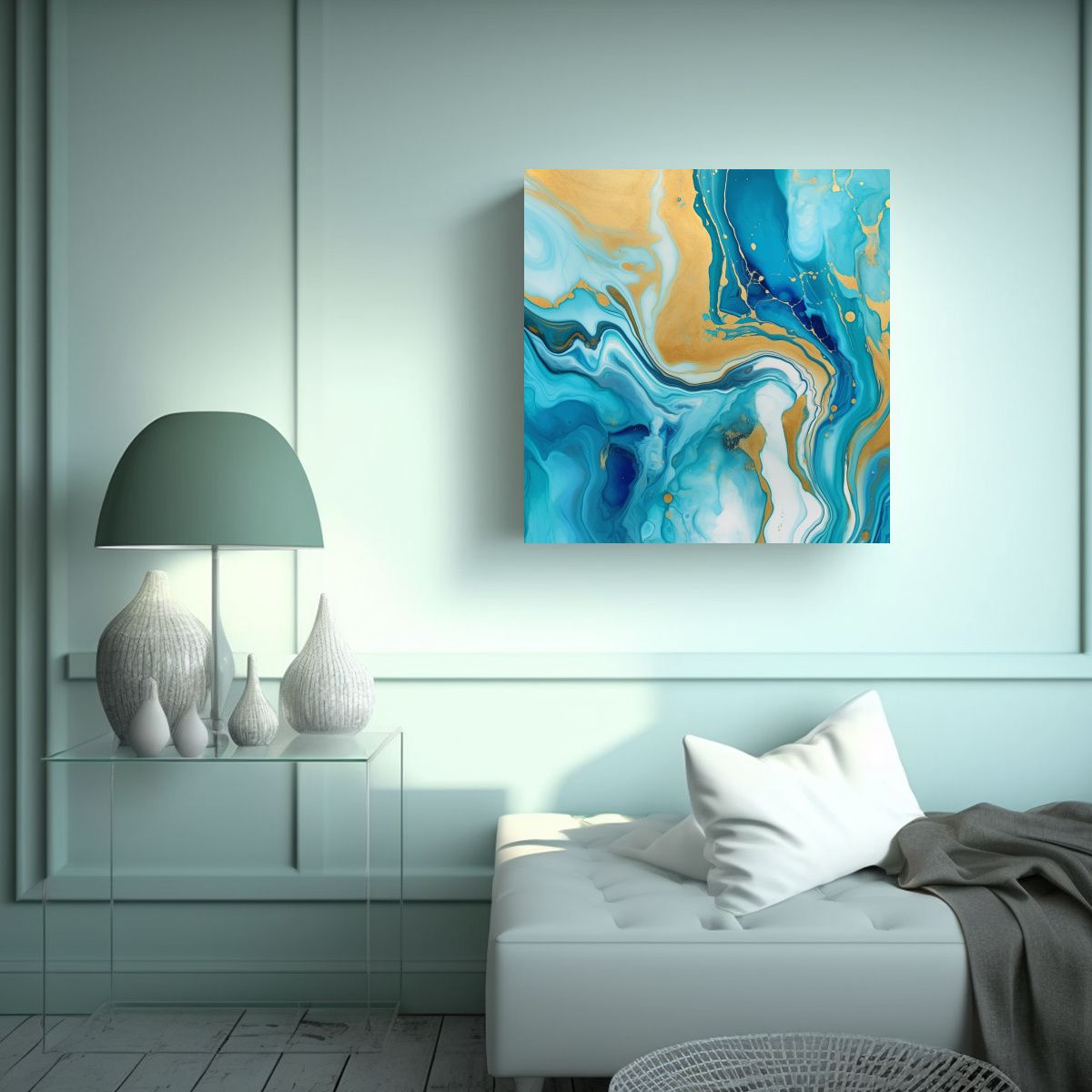 GENERICO - Adorno Abstracto Dorado Agua Mar Y Oleaje Azul 70x70 Cm.