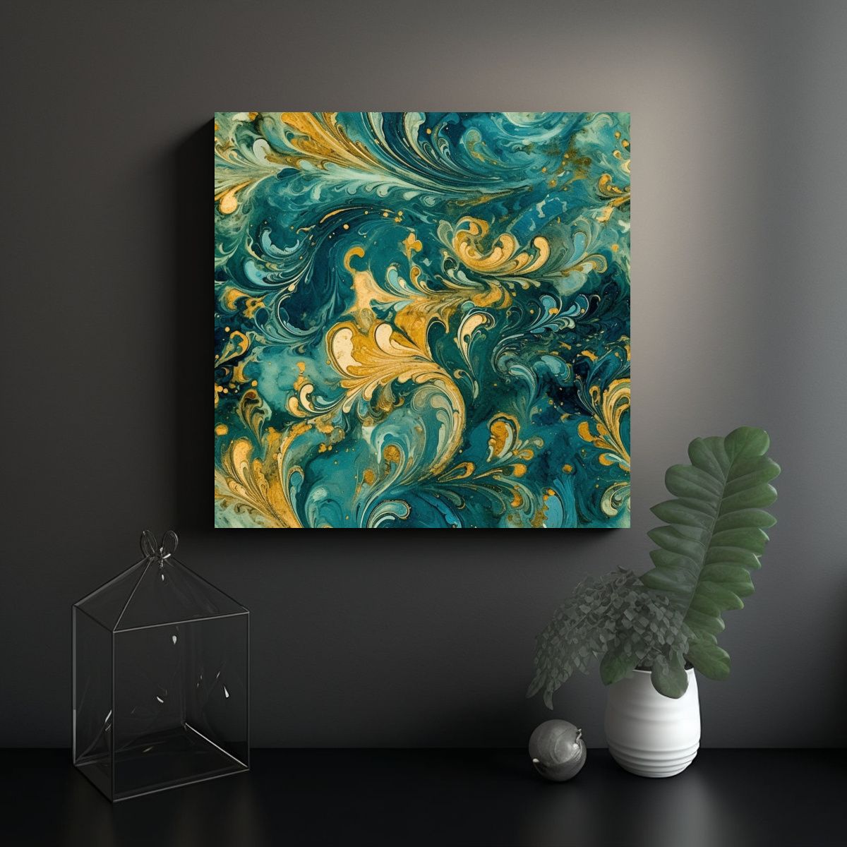 GENERICO - Cuadro Tela Urbano Azul Y Dorado Estilo Ricamente 80x80 Cm