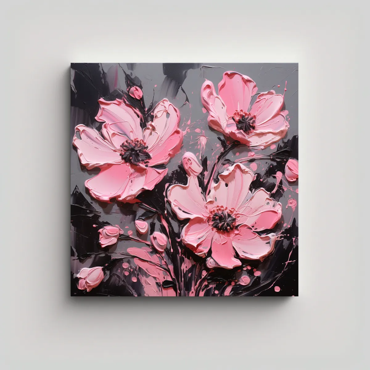 GENERICO - Pintura Floral En Lienzo En Colores Negro Y Rosa 80x80 Cm