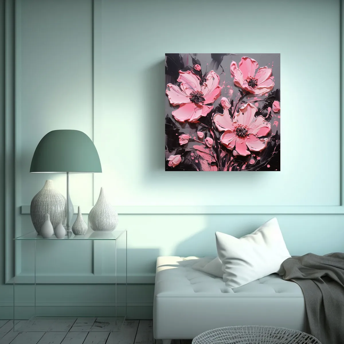 GENERICO - Pintura Floral En Lienzo En Colores Negro Y Rosa 80x80 Cm