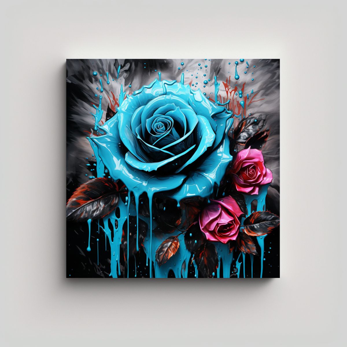 GENERICO - Cuadro Abstracto único Rosas Turquesa Y Negro 80x80 Cm