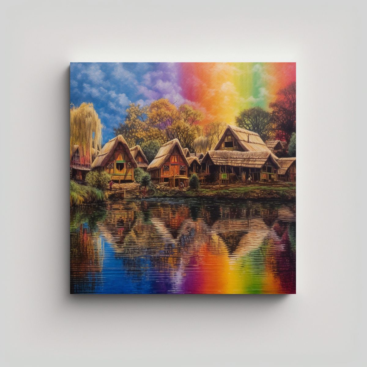 GENERICO - Cuadro Siete Cabañas Reflejadas En Río Intensa 80x80 Cm