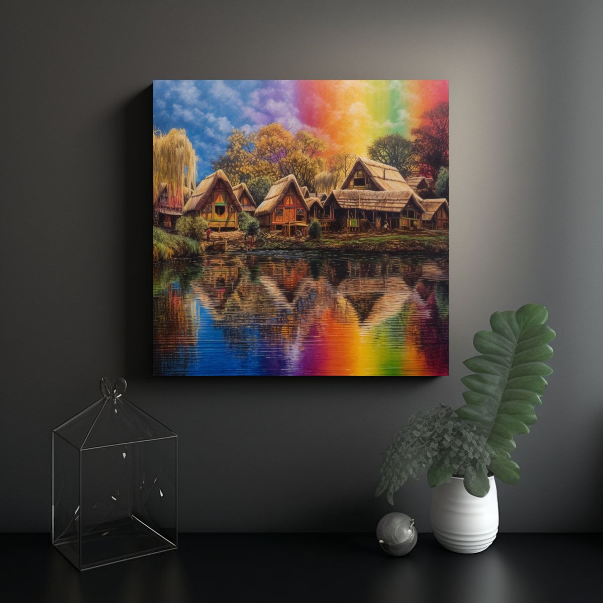 GENERICO - Cuadro Siete Cabañas Reflejadas En Río Intensa 80x80 Cm