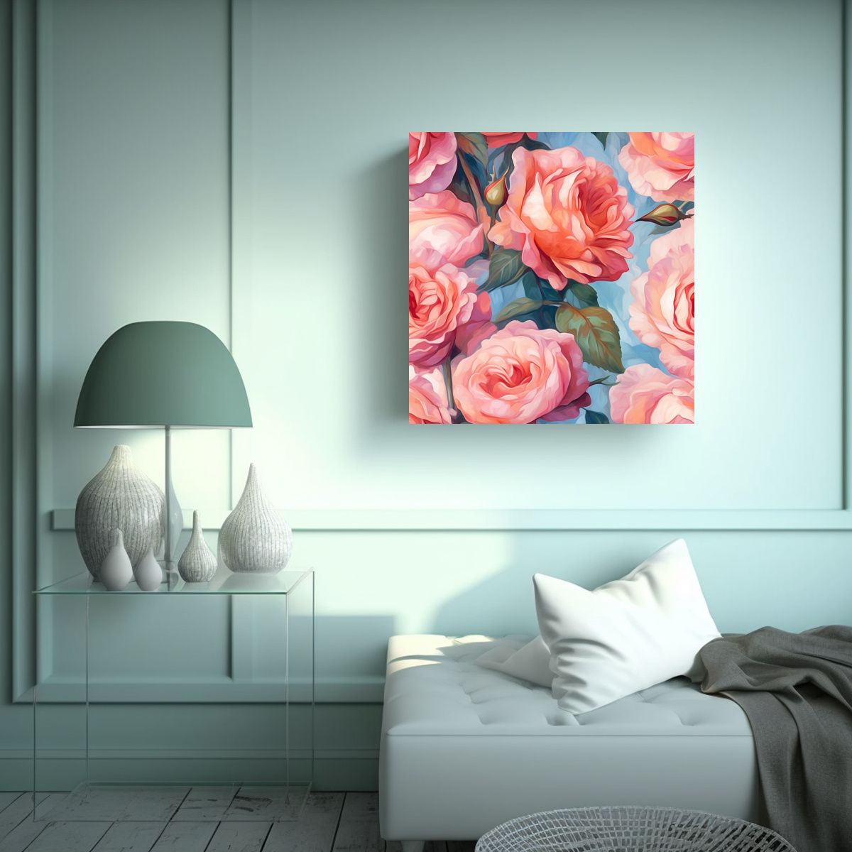 GENERICO - Cuadro Estilo Óleo De Rosas Rosadas En Patrón 90x90 Cm