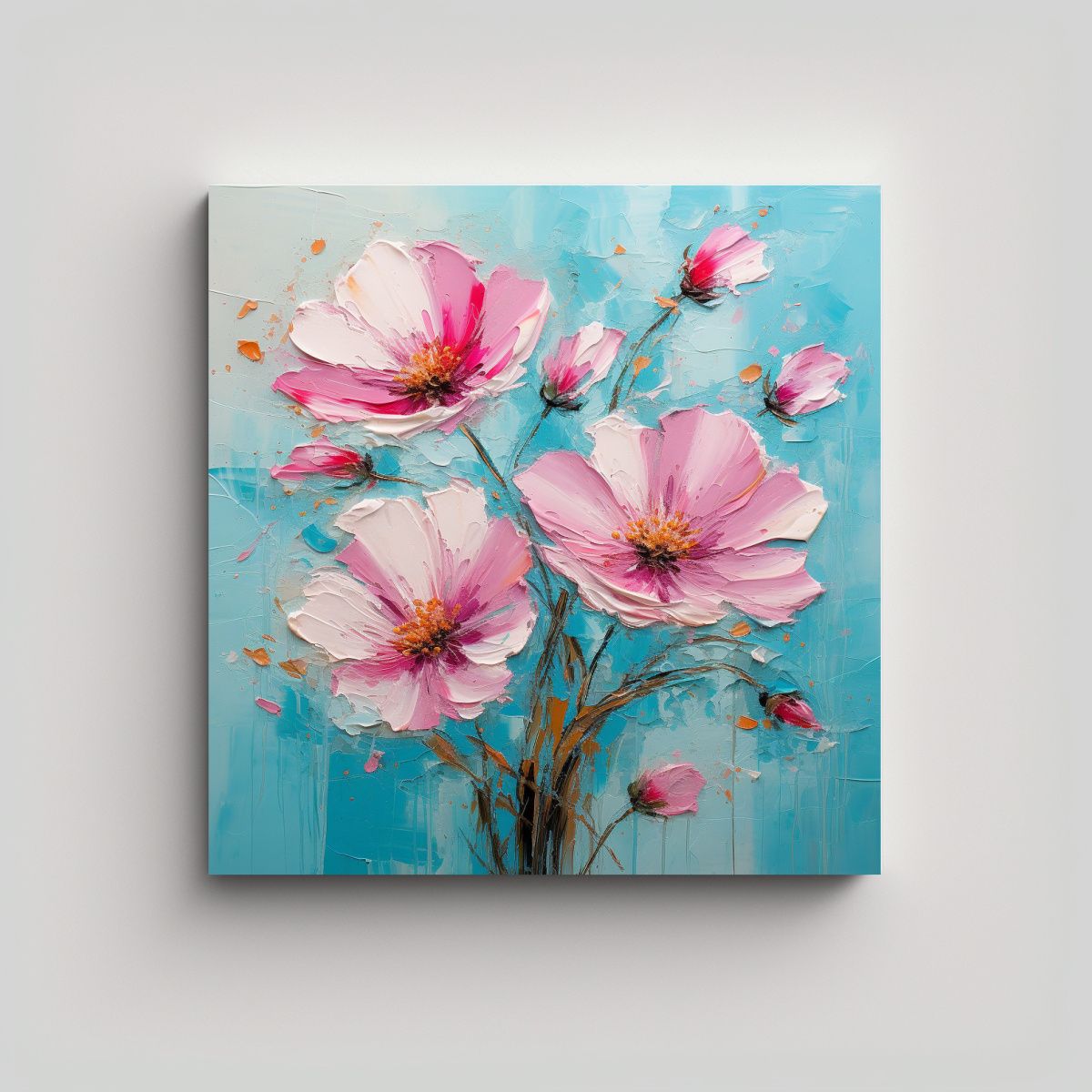 GENERICO - Cuadro De Flores En Lienzo En Colores Turquesa Y 80x80 Cm.