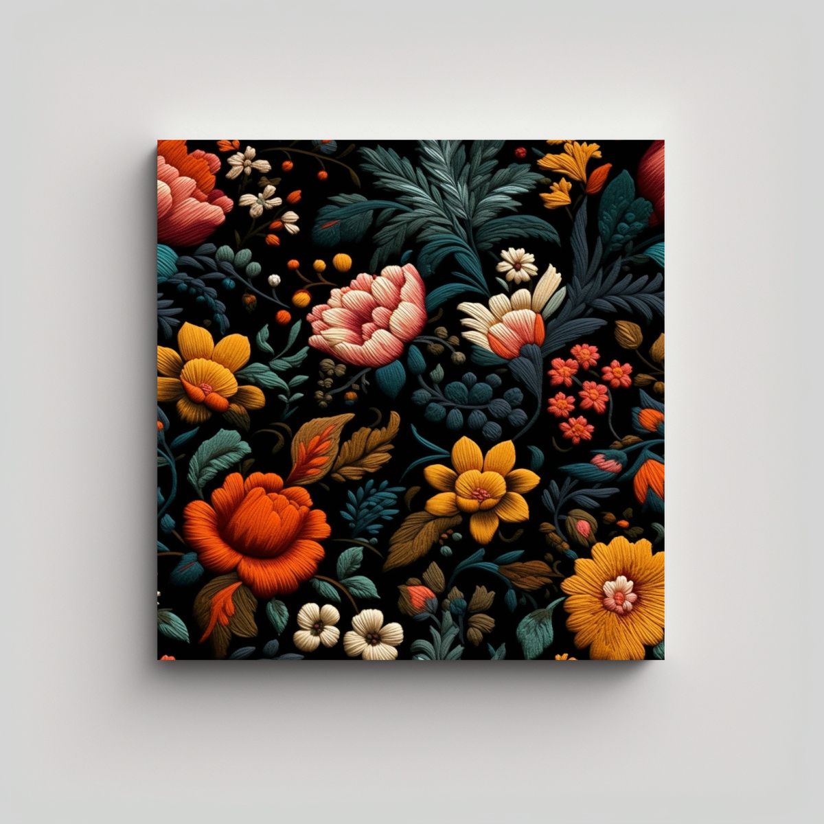 GENERICO - Cuadro De Bordado Floral Elegante En Tonos Oscuros 70x70 Cm
