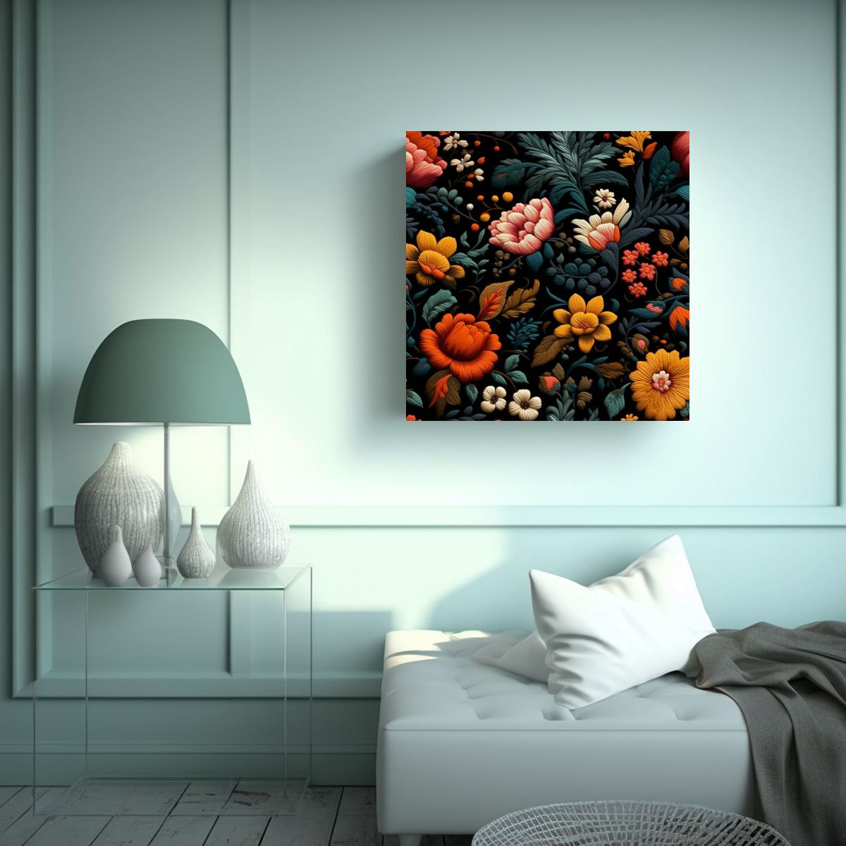 GENERICO - Cuadro De Bordado Floral Elegante En Tonos Oscuros 70x70 Cm