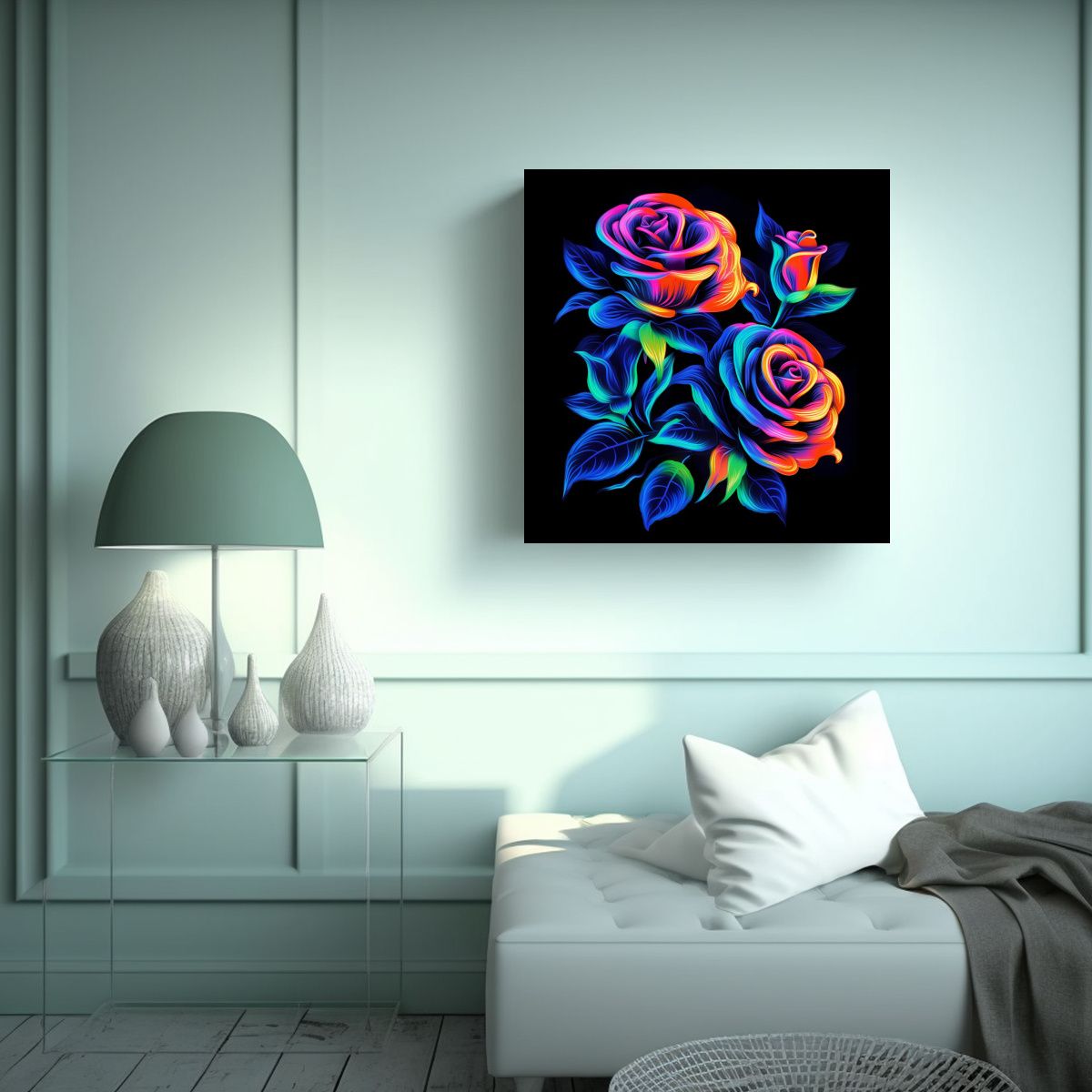 GENERICO - Roses Neon En Bastidor Cuadro Digital 90x90 Cm.