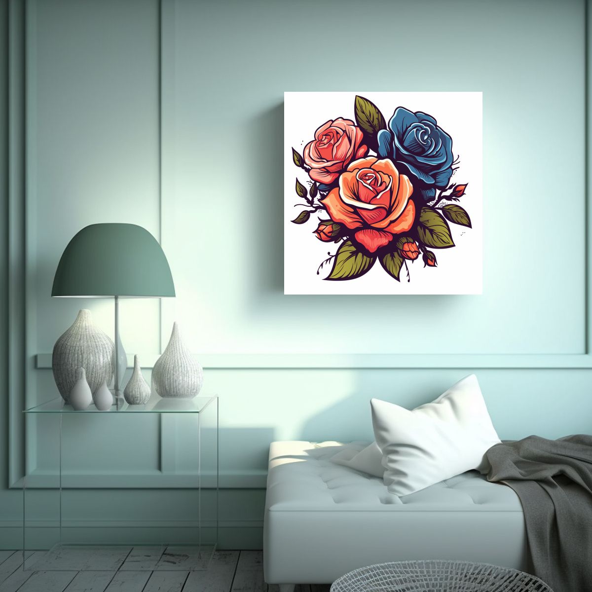 GENERICO - Cuadro Retro Rosa Flores Expresión Gama Colores 70x70 Cm