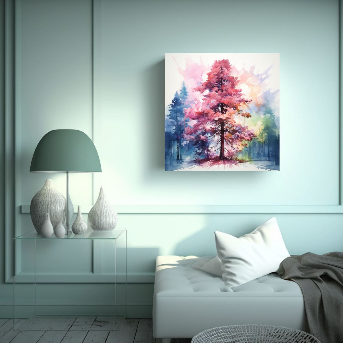 GENERICO - Pintura Abstracta árbol Secuoya Rosa Y Azul En 80x80 Cm.