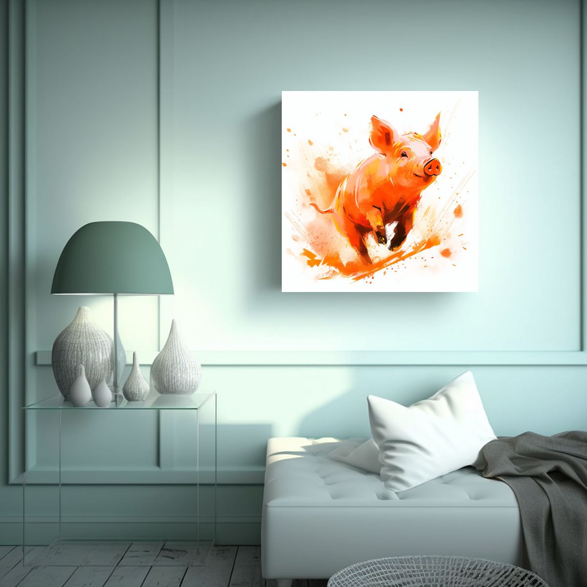 GENERICO - Cuadro De Cerdos En Colores Naranjas Estilo Neo 90x90 Cm.