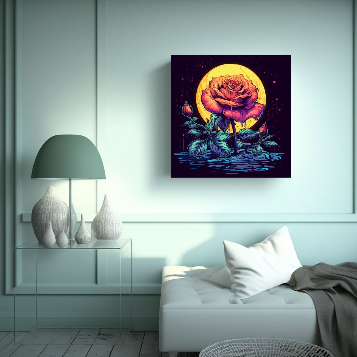 GENERICO - Diseño De Composición Floral Rosa Ilustrada En 80x80 Cm