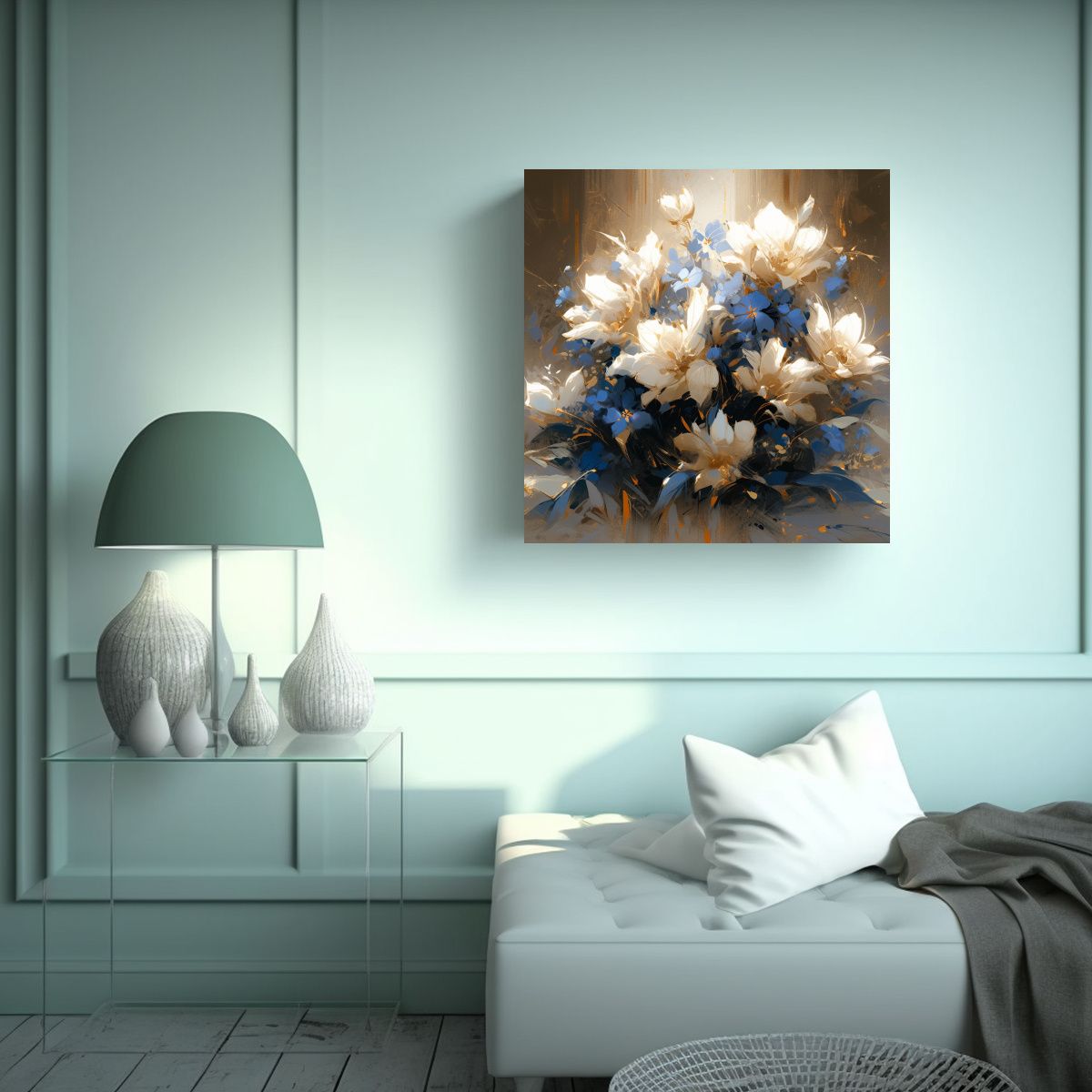 GENERICO - Pintura De Flores En Tonos Dorados Y Azules Para 70x70 Cm