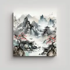 GENERICO - Cuadro Chino De Tinta Con Elementos De 80x80 Cm