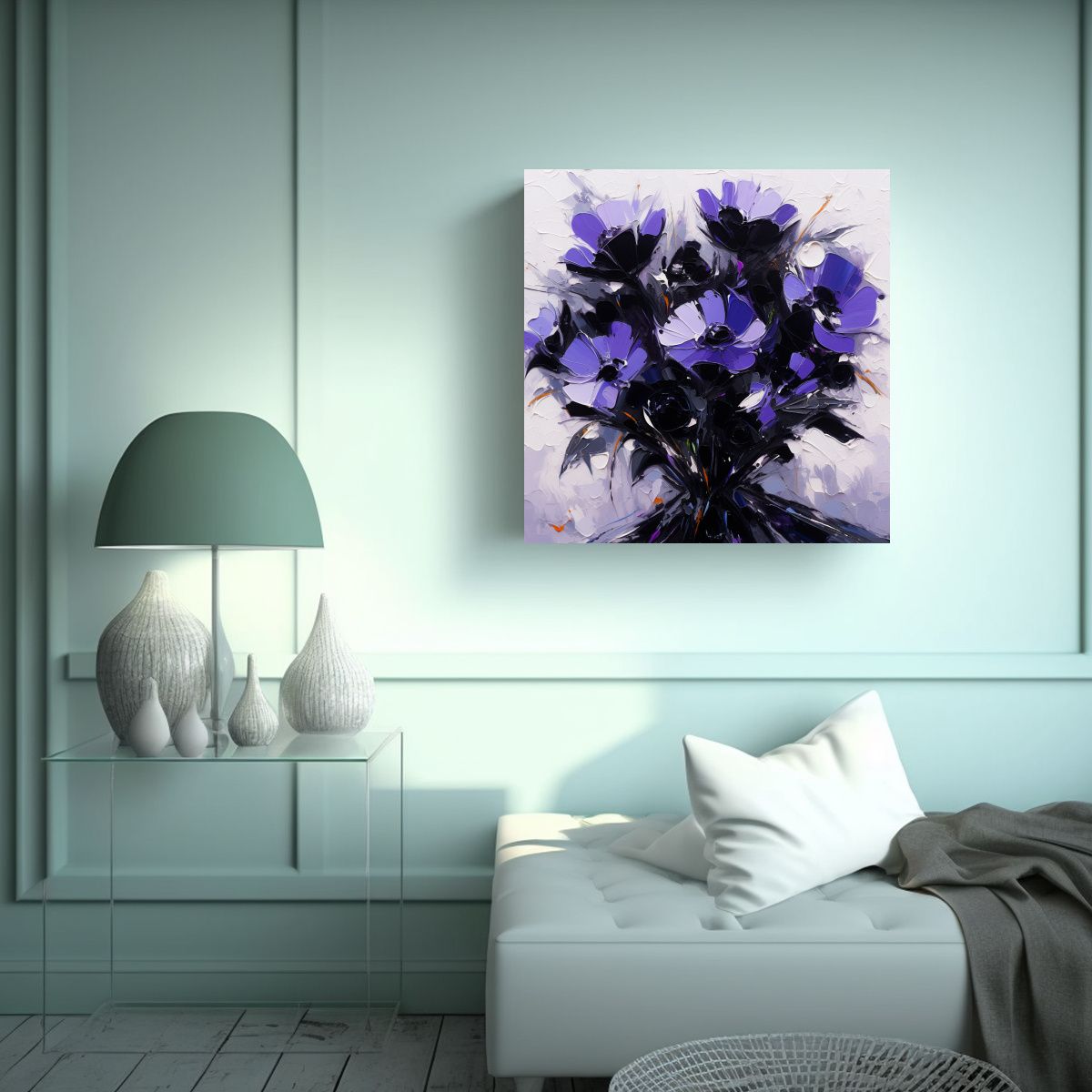 GENERICO - Cuadro Flores Púrpuras Y Negras Inspiración 90x90 Cm.