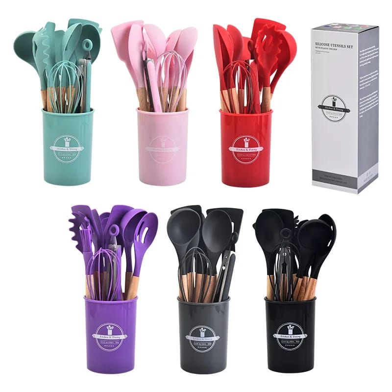 GENERICO - Set de utensilios de cocina 12 pcs silicona Rosado