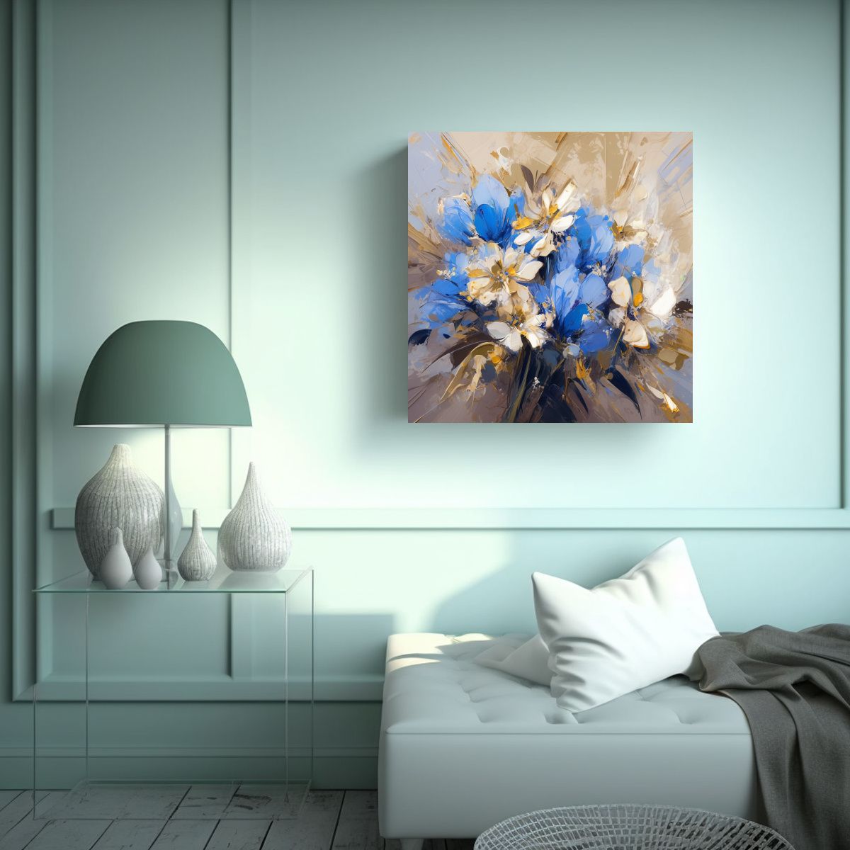 GENERICO - Pintura En Lienzo De Flores Doradas Y Azules Con 90x90 Cm.