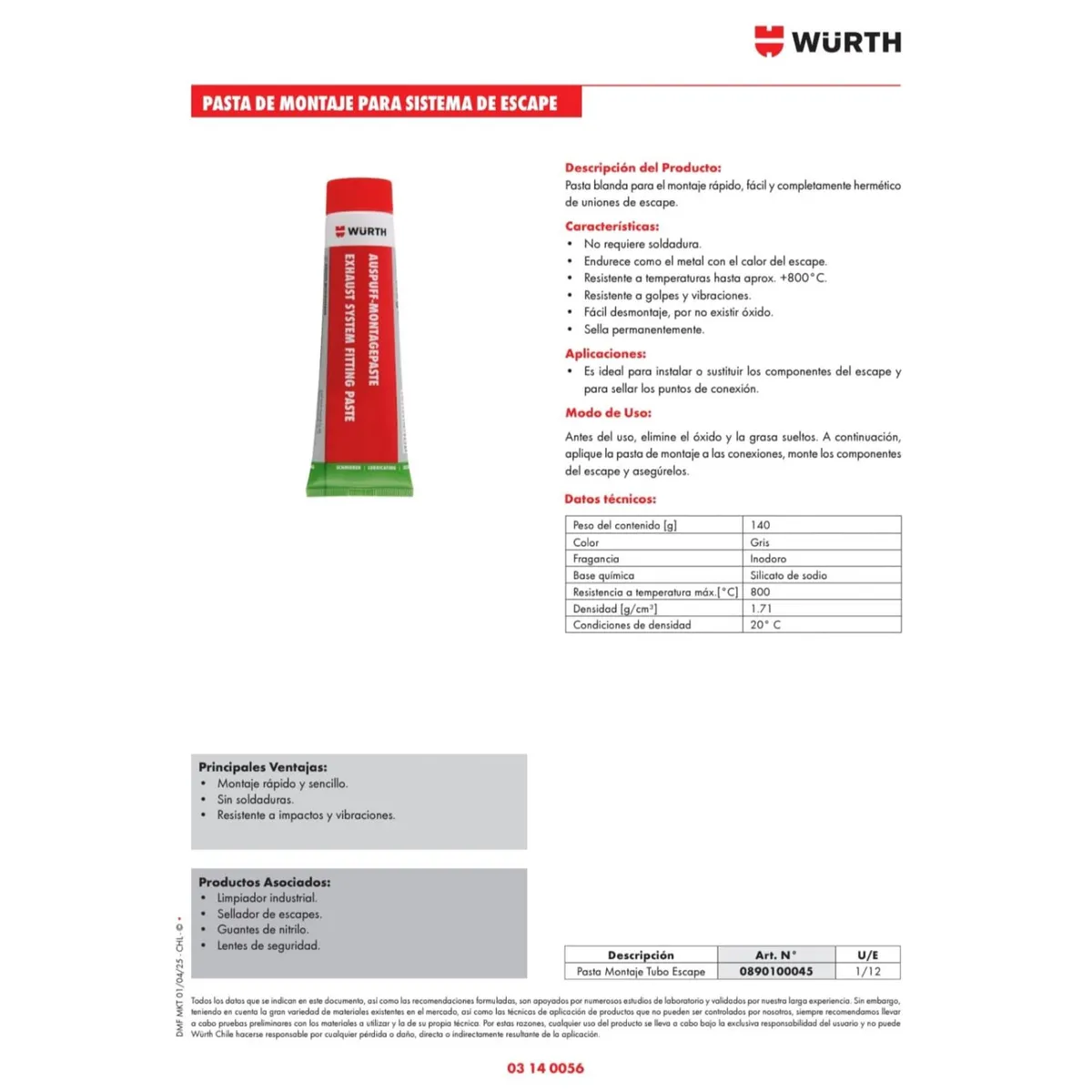 WURTH - Pasta para Montaje de Escapes marca Wurth 140 Gr.