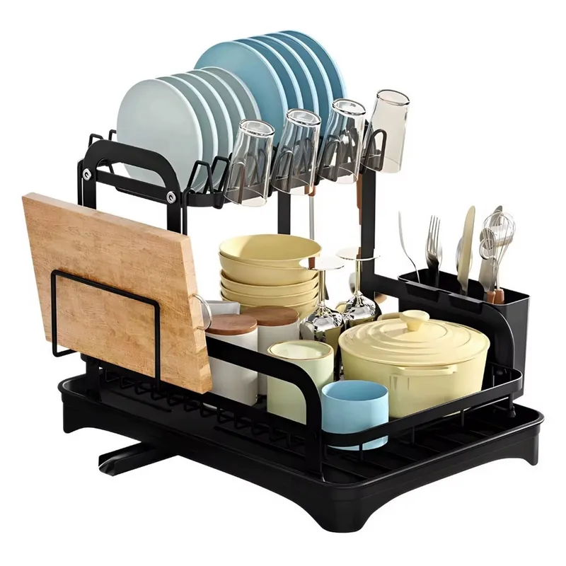 GENERICO - Secaplatos Escurridor Secador Platos 2 Niveles Cocina Black Negro