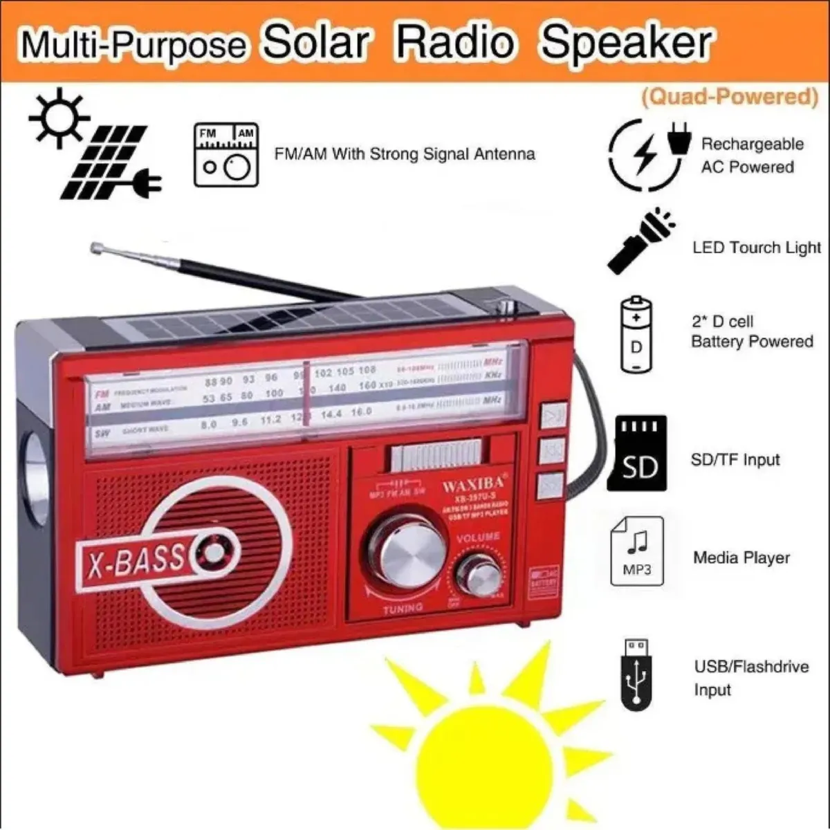 MOVI - Radio Portátil Solar Recargable WAXIBA XB-391U-S