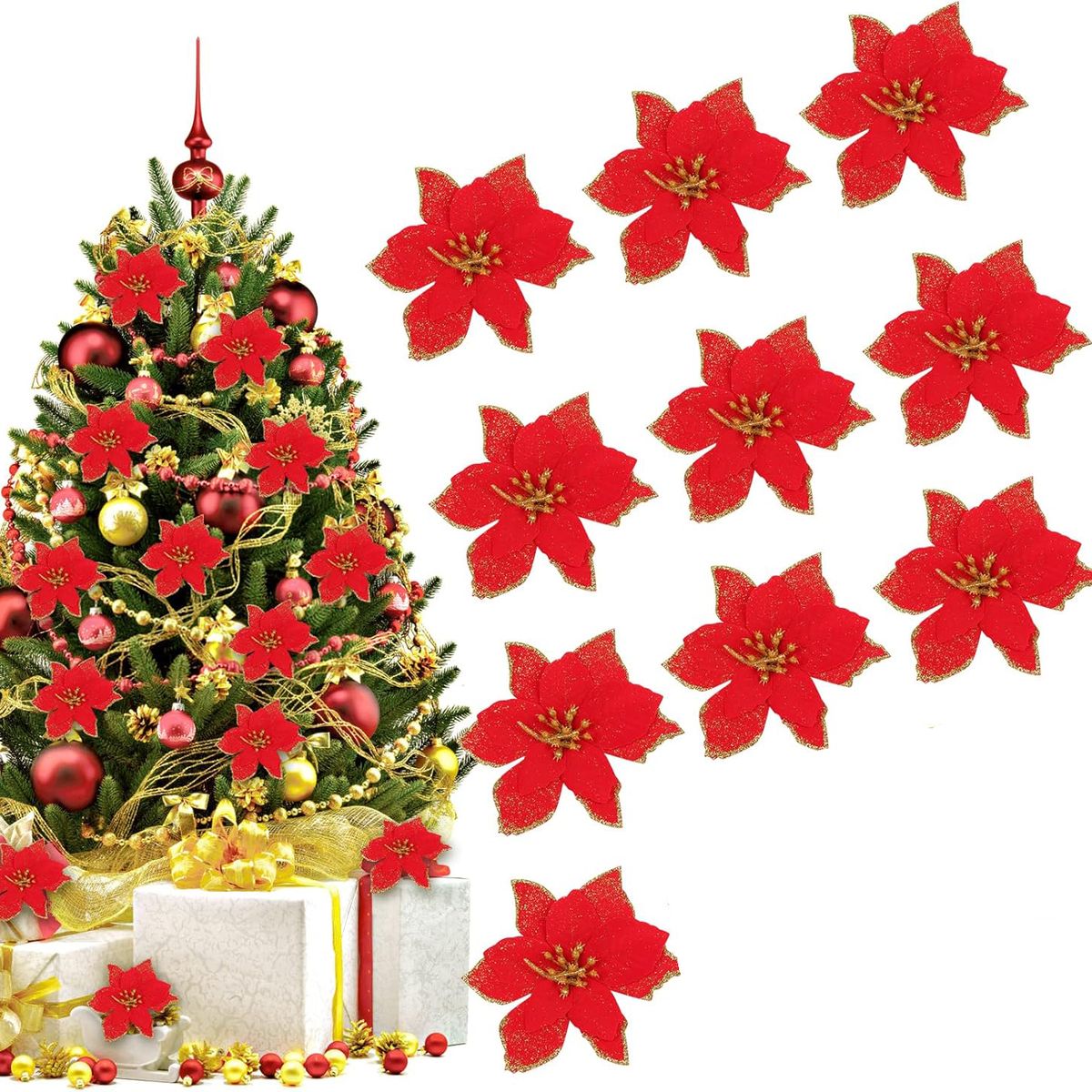 KUANGYE - Pack 10 Flores Navideñas Adorno Navidad Árbol Con Clip 13cm