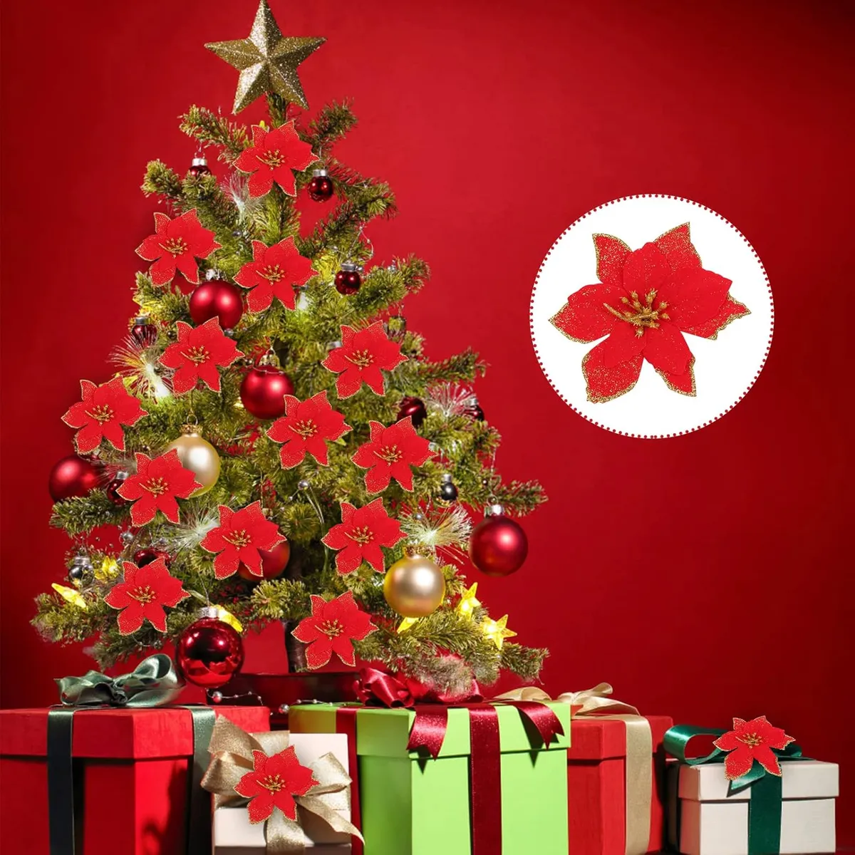 KUANGYE - Pack 10 Flores Navideñas Adorno Navidad Árbol Con Clip 13cm