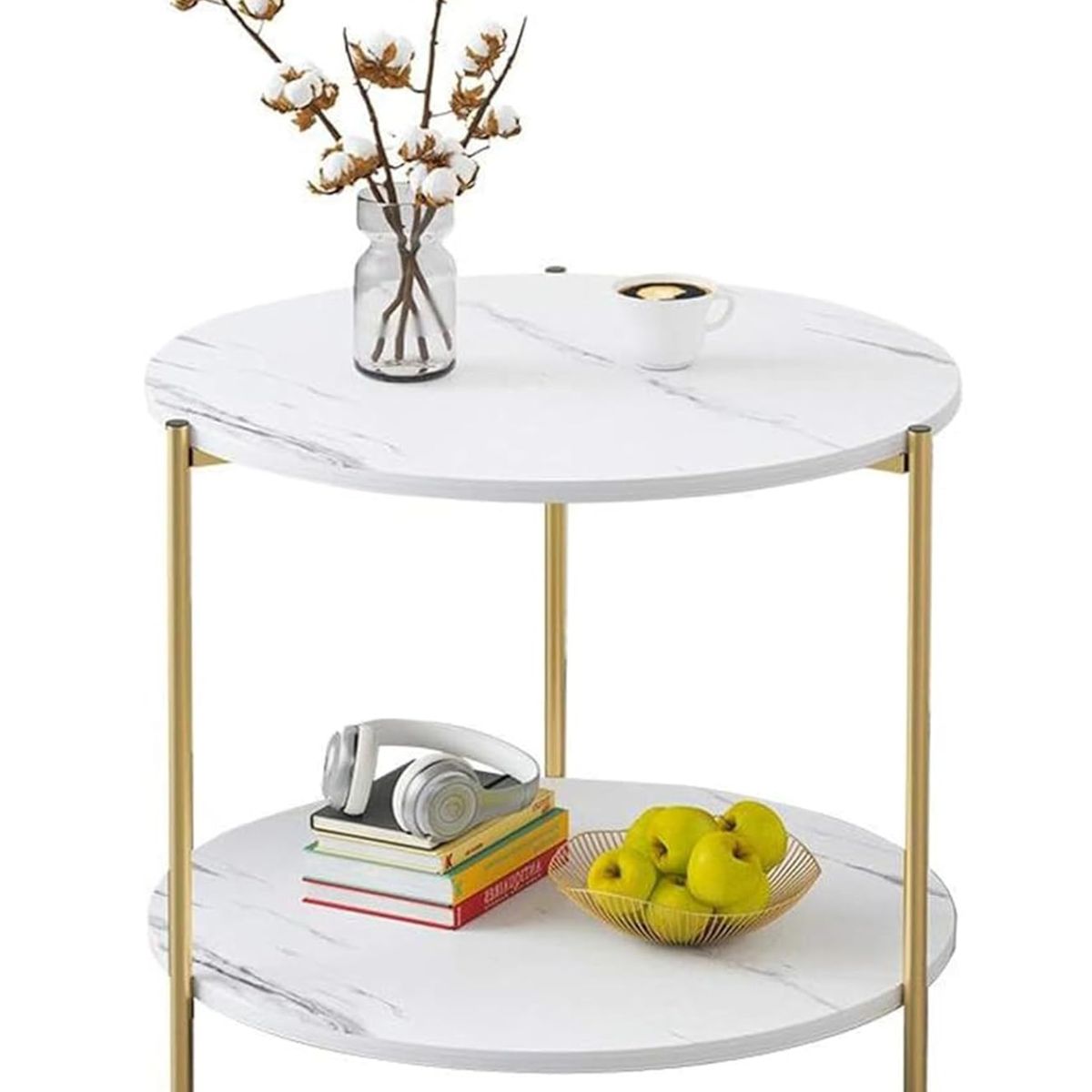 KINDA NICE - Mesa auxiliar decorativa para sala de estar color blanco y dorado