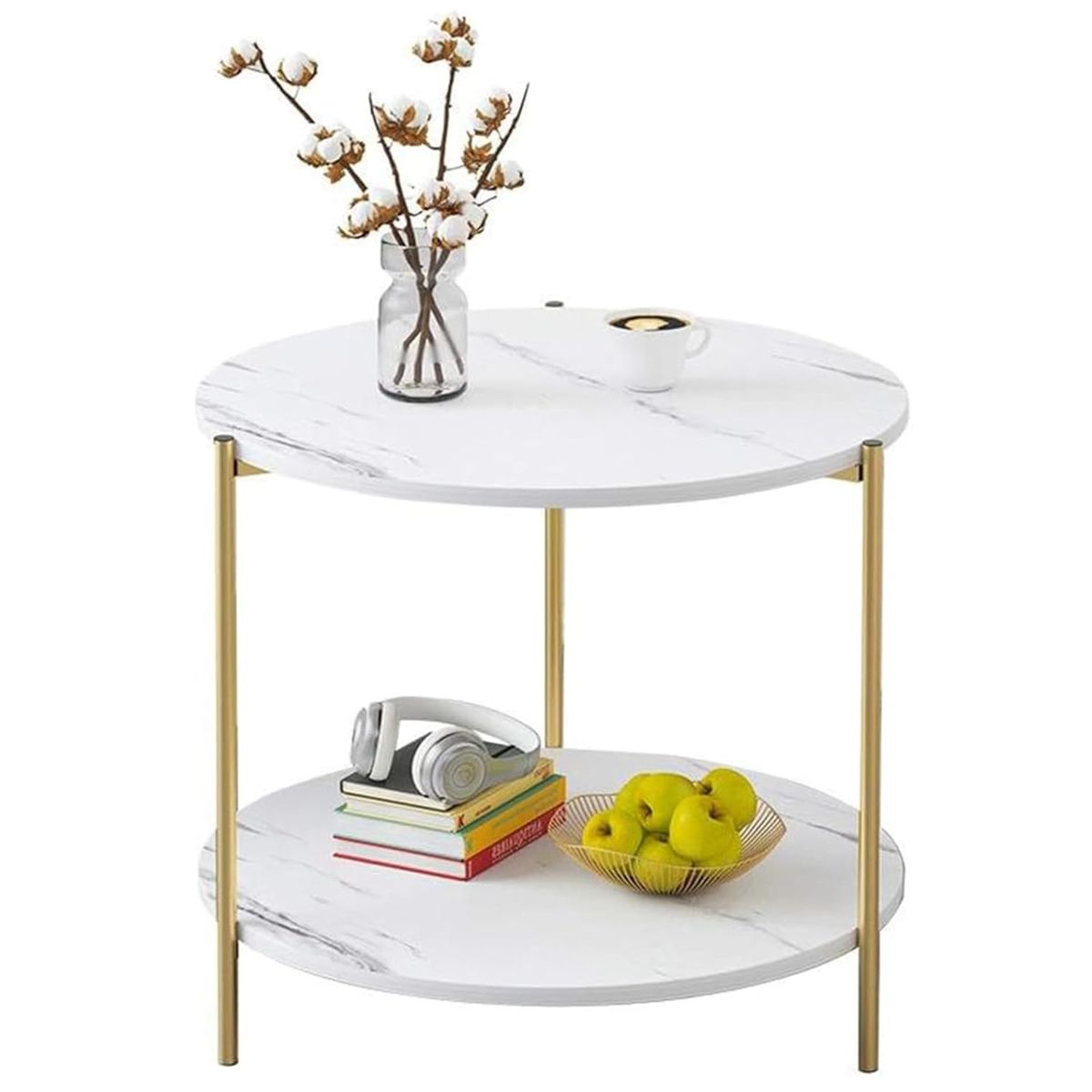 KINDA NICE - Mesa auxiliar decorativa para sala de estar color blanco y dorado