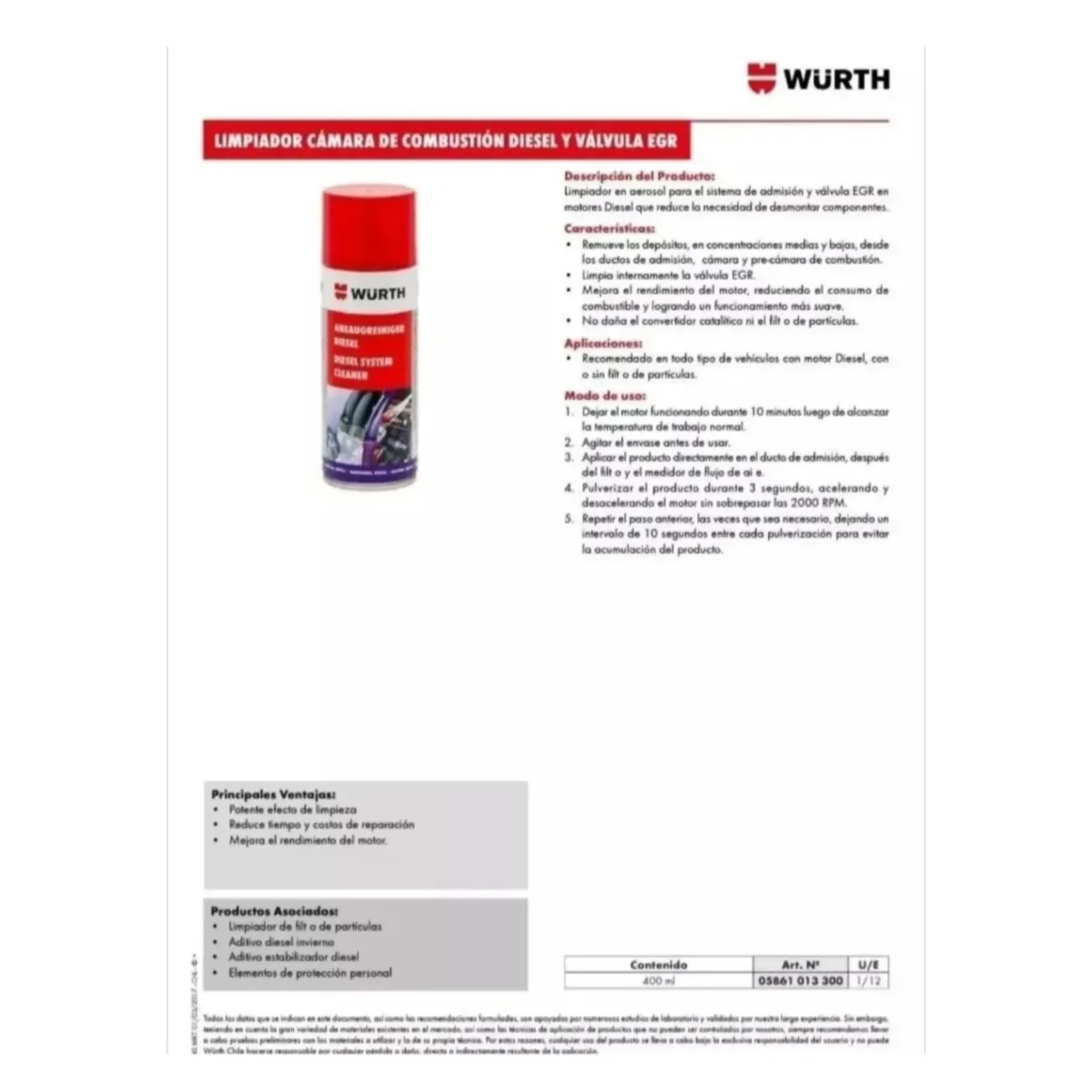 WURTH - Limpiador de Sistemas Diesel y Válvulas EGR Wurth 400 Ml.