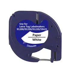 GENERICO - Cinta Papel tipo Letratag para Rotuladora DYMO 12mm x 4m - Blanca 91330