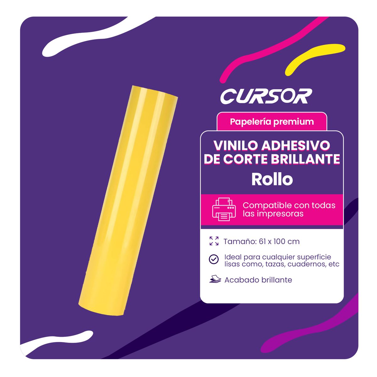 CURSOR - Vinilos Adhesivos De Corte Brillante Imprimible 61 Cms X Mts - Amarillo
