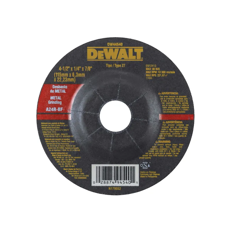 DEWALT - Pack 5 Disco Desbaste 4 1/2 X 1/4 X 7/8 Dewalt Dw44540 Negro