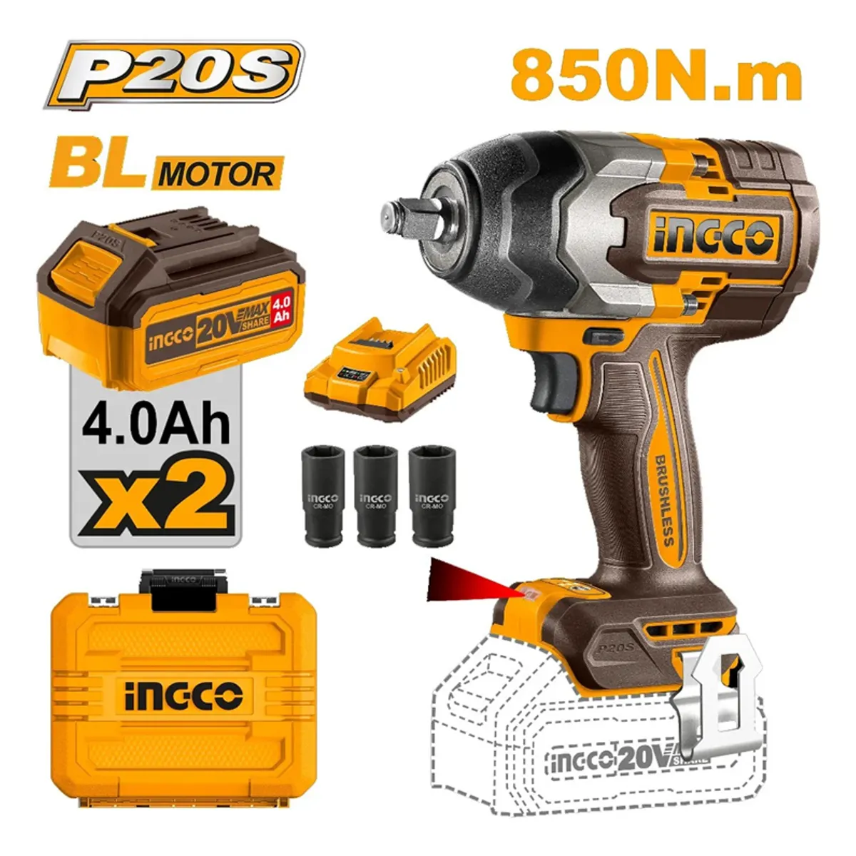 INGCO - Llave Pistola Impacto Ingco Bl 12 20v 850nm 2bat Ciwli2085