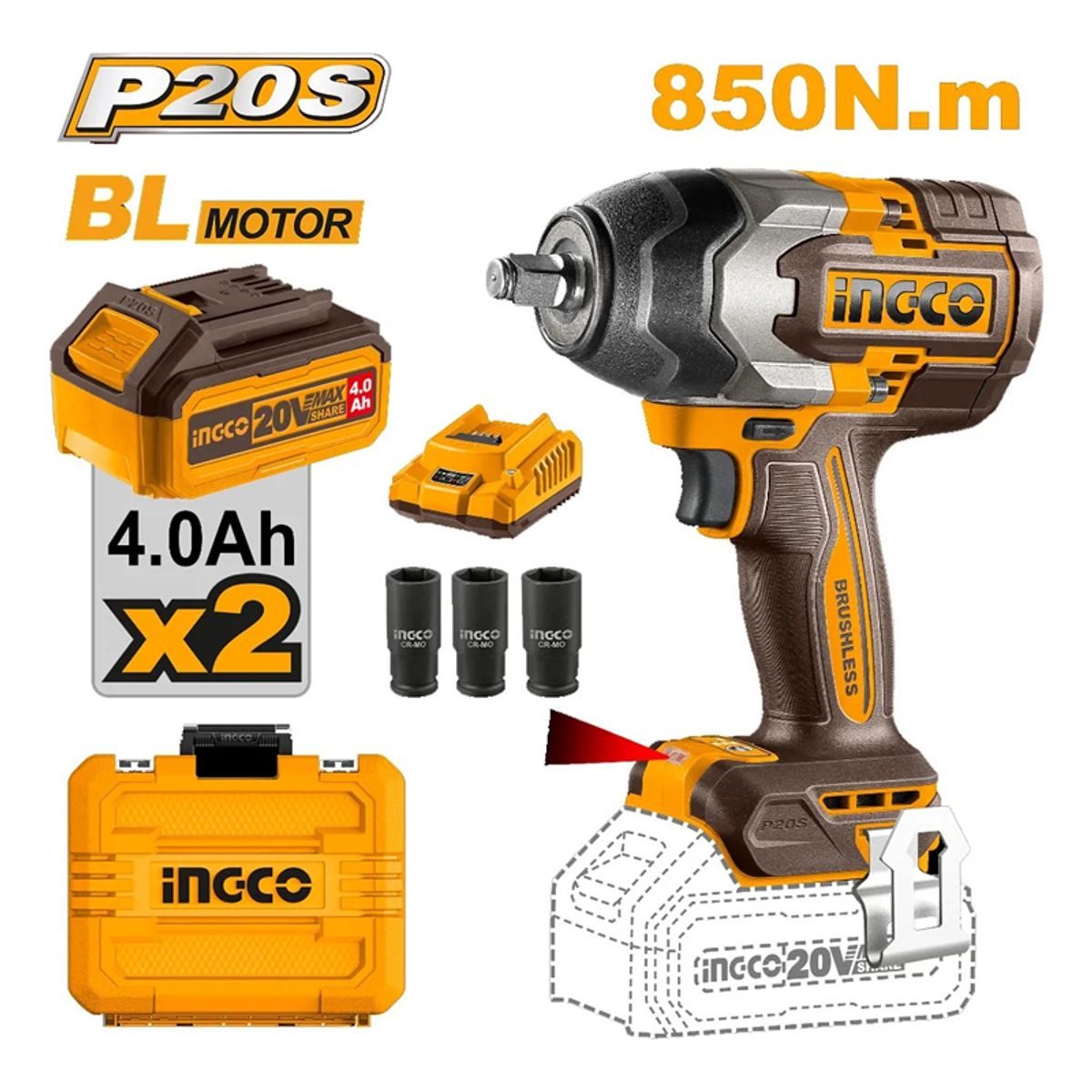 INGCO - Llave Pistola Impacto Ingco Bl 12 20v 850nm 2bat Ciwli2085