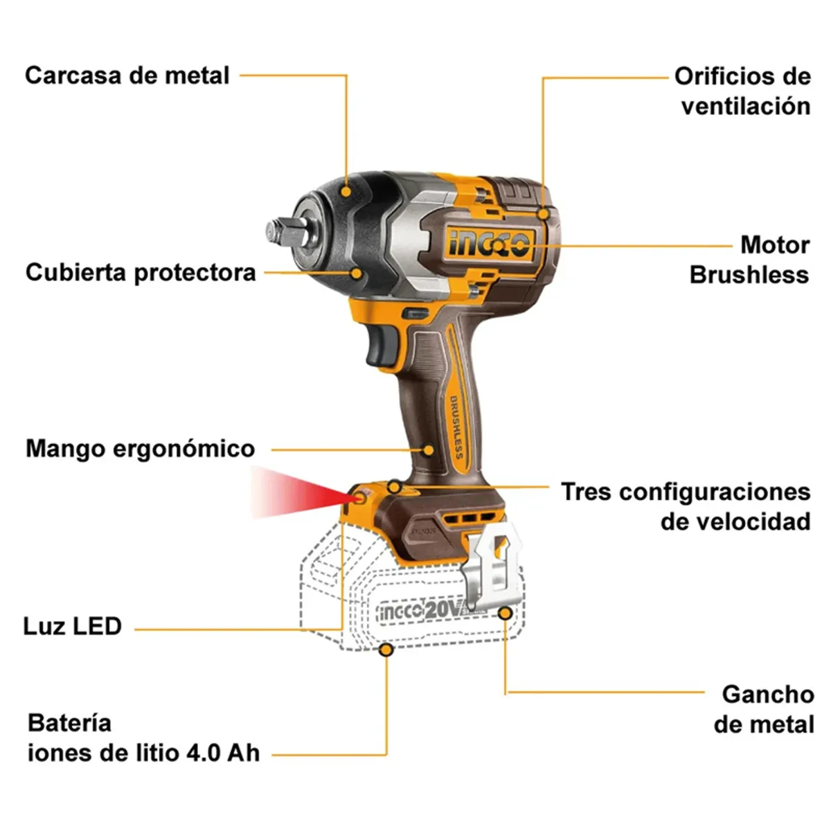 INGCO - Llave Pistola Impacto Ingco Bl 12 20v 850nm 2bat Ciwli2085
