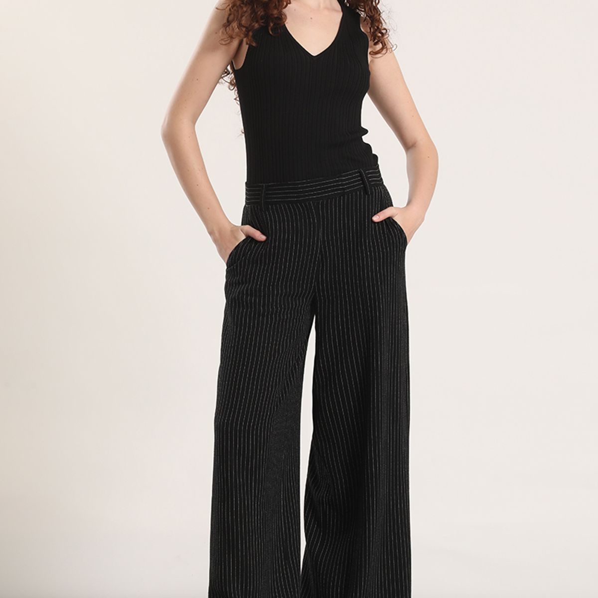 LIOLA - Pantalón ancho lino liola mujer negro