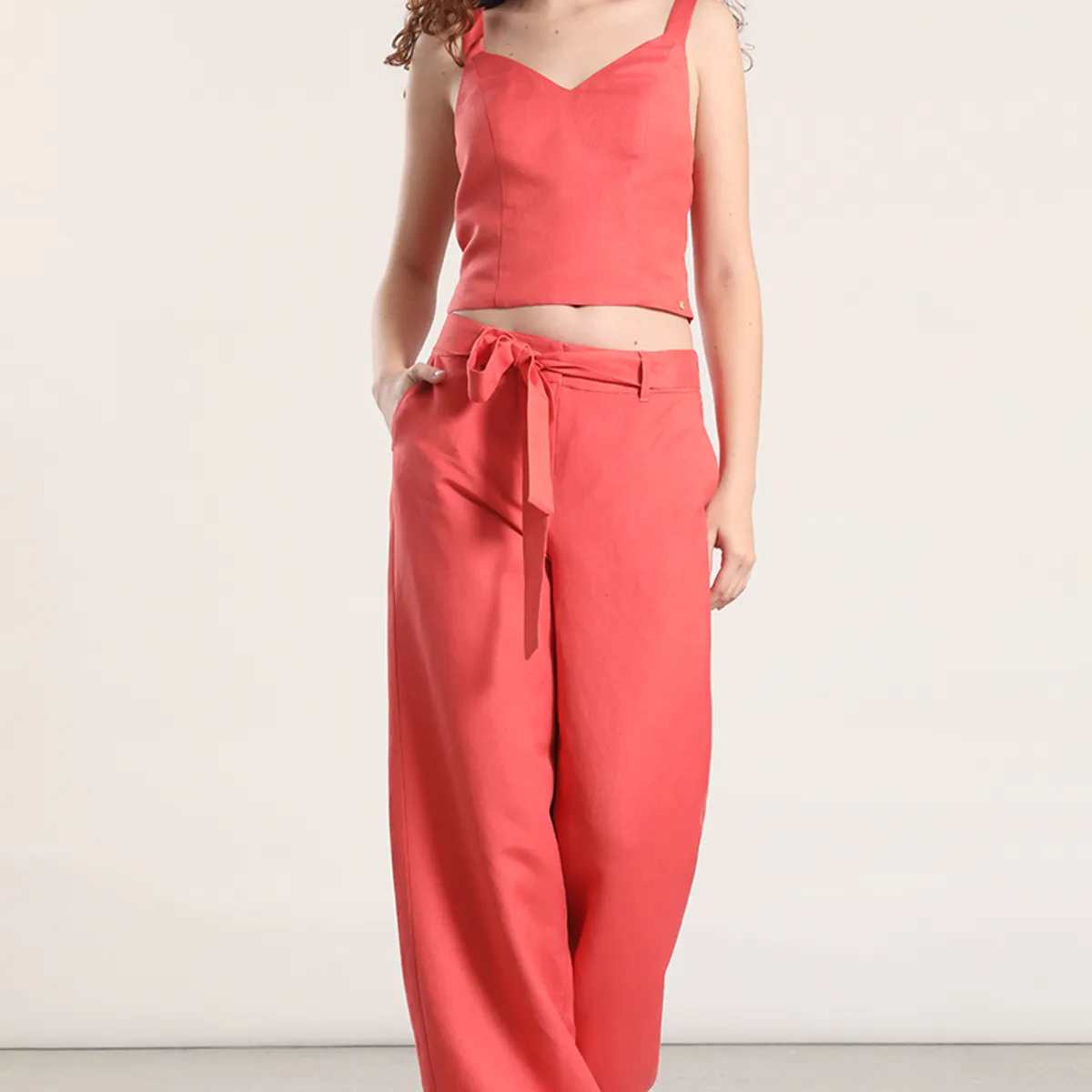 LIOLA - Pantalón ancho lino liola mujer coral