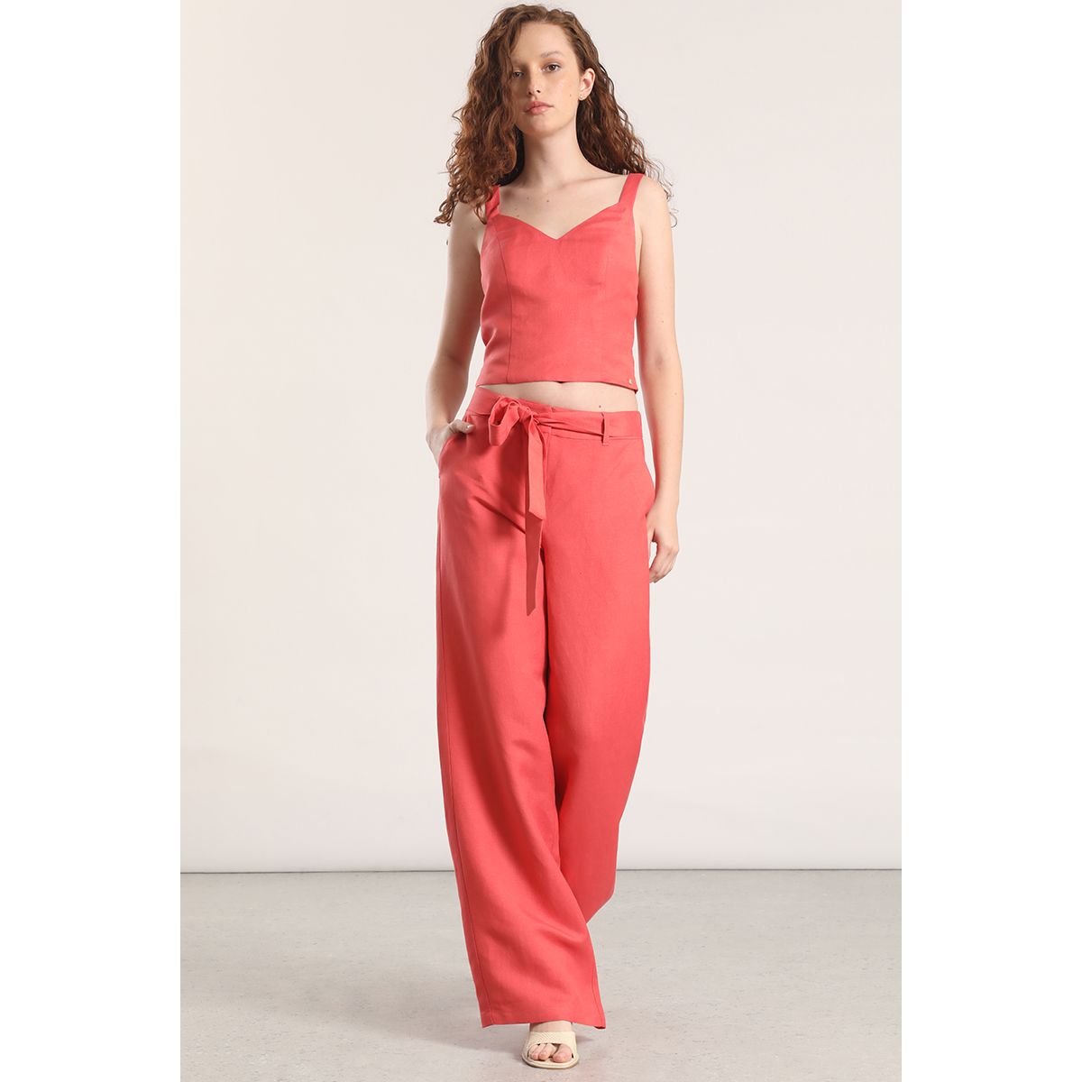 LIOLA - Pantalón ancho lino liola mujer coral