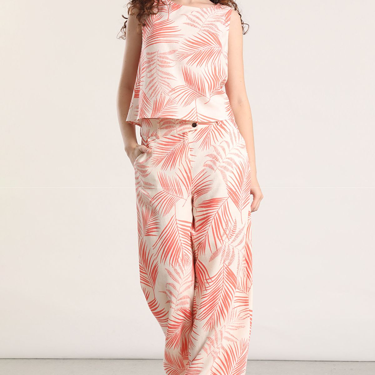 LIOLA - Pantalón ancho lino estampado liola mujer naranjo