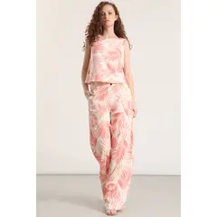LIOLA - Pantalón ancho lino estampado mujer naranjo