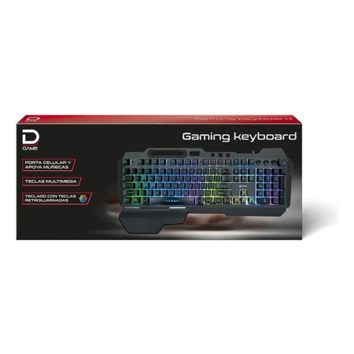 DATACOM - Teclado Gaming Retroiluminado Con Portacelular Y Apoya Muñec