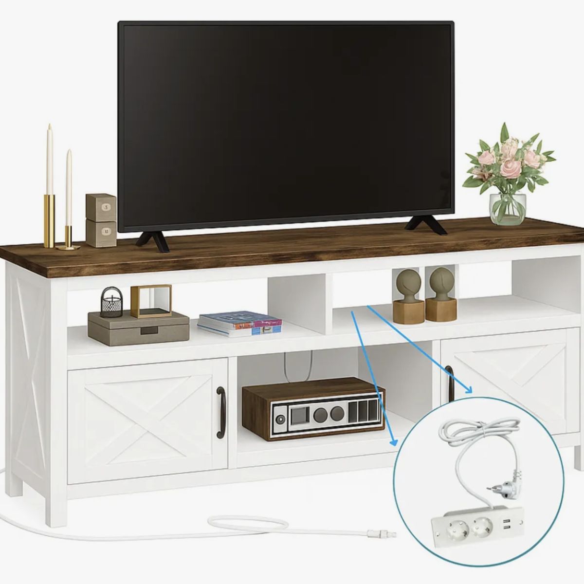 HOMER DESIGN - Rack Tv 150x40x66cm 2 Puerta Con Enchufe Estilo Europeo