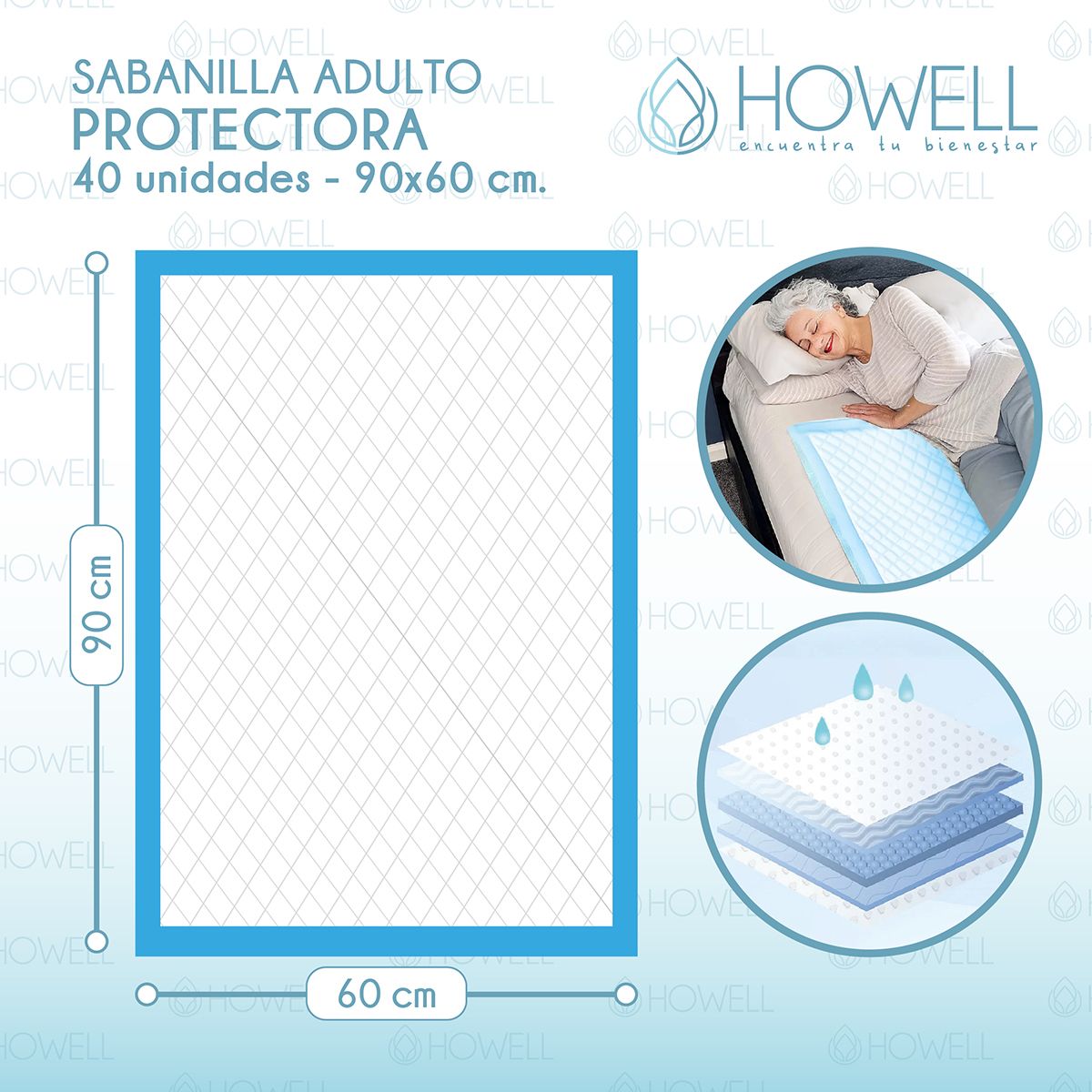 HOWELL - Pañales Sabanillas Adulto Howell Protector Cama Desechable 90x60cm 40U