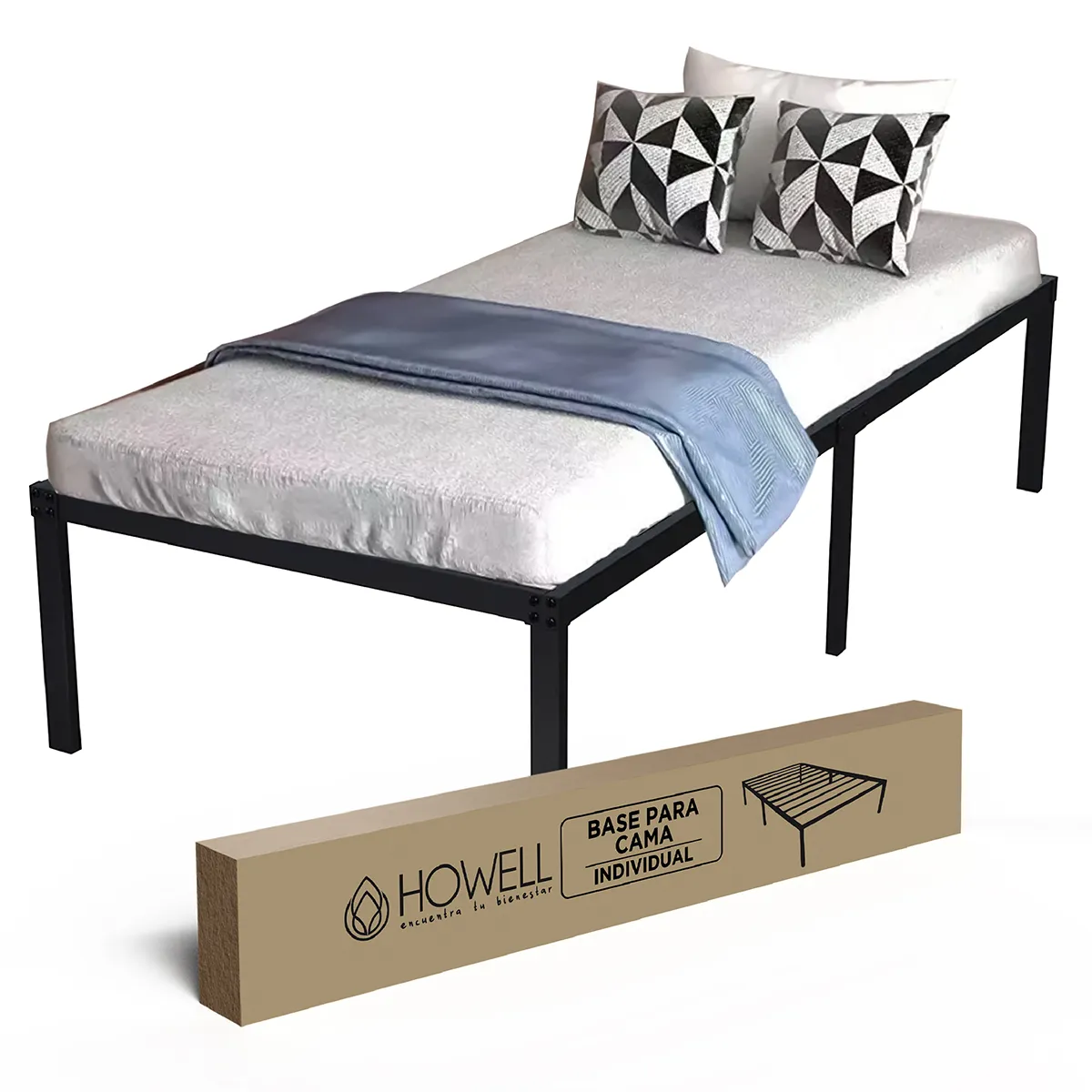HOWELL - Base cama 1 plaza Howell 190x90x30 Acero Soporta 250kg